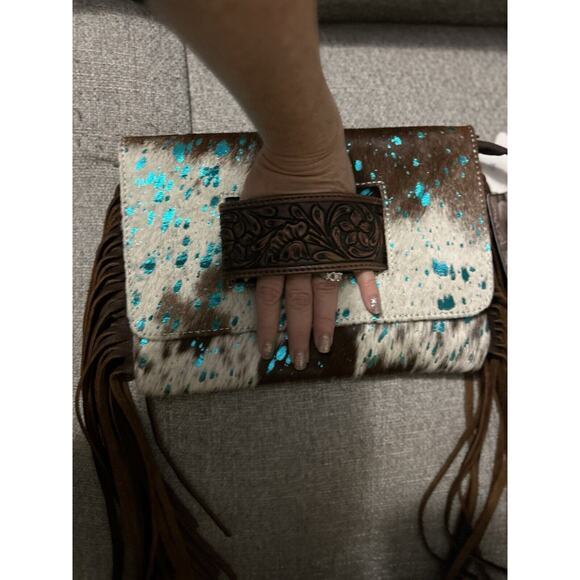 American Darling Clutch Hand Tooled Hair-On Genuine Leather Women Acid NWT Fring - Picture 3 of 7